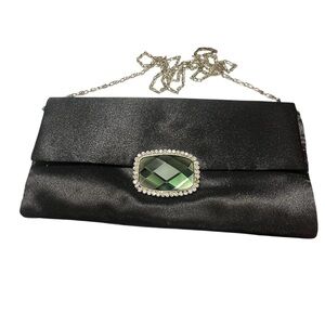 Vintage Jessica McClintock Black Leather Clutch with Rhinestone Clasp and Chain